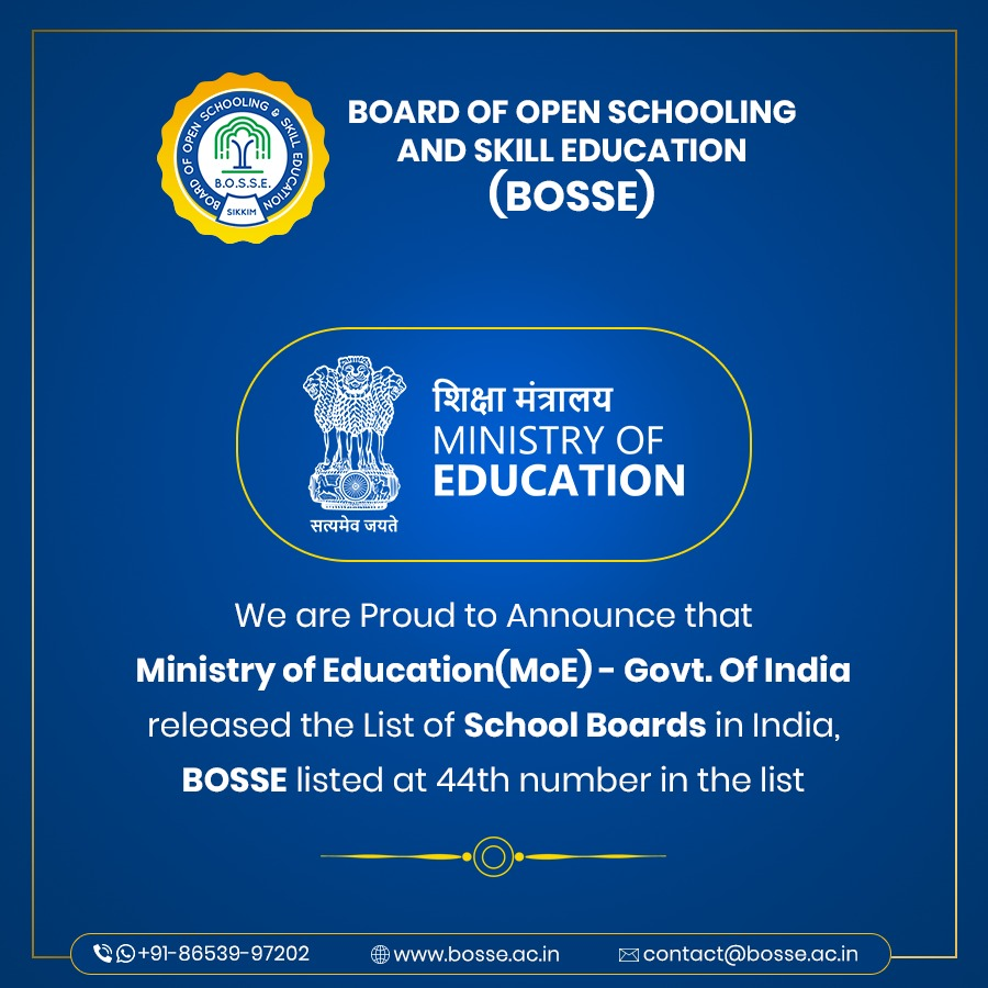 Ministry of Education Released the List of School Boards in India and Listed BOSSE at 44 Number in The List
